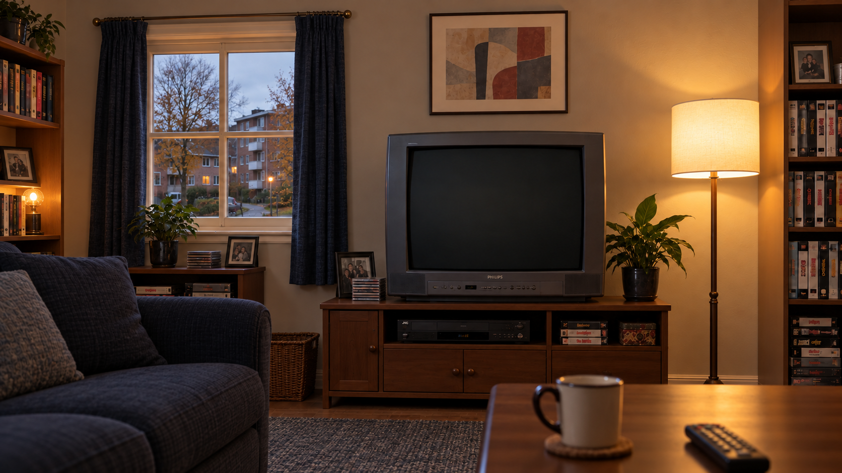 En fotorealistisk 90-tallsstue med malte vegger, blå sofa, varm gulvlampe, VHS-spiller og en stor kasse-TV.
